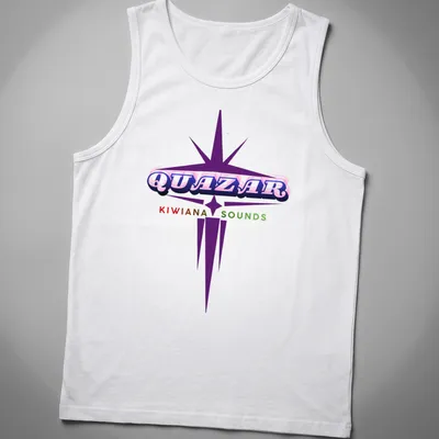 Bold and colorful band logo for Quazar Kiwiana Sounds in purple, red, green, and pink. — printed on a tank top