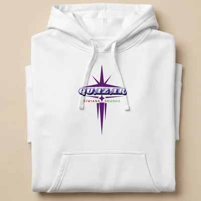 Bold and colorful band logo for Quazar Kiwiana Sounds in purple, red, green, and pink. — printed on a unisex hoodie