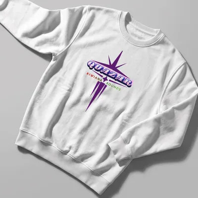 Bold and colorful band logo for Quazar Kiwiana Sounds in purple, red, green, and pink. — printed on a unisex sweatshirt