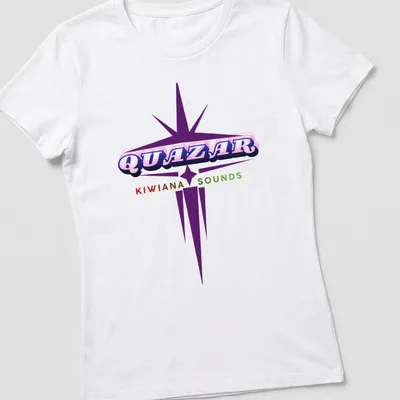 Bold and colorful band logo for Quazar Kiwiana Sounds in purple, red, green, and pink. — printed on a women's shirt
