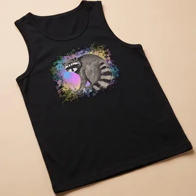 Watercolor print of a raccoon surrounded by colorful background in various hues — printed on a tank top