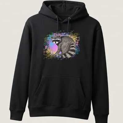 Watercolor print of a raccoon surrounded by colorful background in various hues — printed on a unisex hoodie