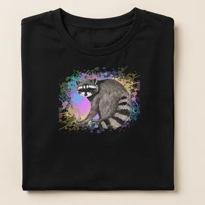 Watercolor print of a raccoon surrounded by colorful background in various hues — printed on a women's shirt