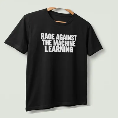 Bold text Rage Against The Machine Learning T-shirt design — printed on a unisex t-shirt (angled view)