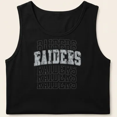 Vintage distressed Raiders t-shirt with bold lettering in gray, black, and white — printed on a tank top
