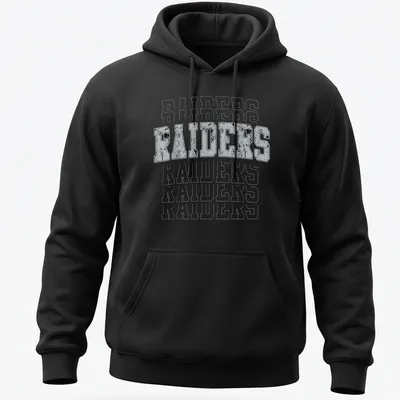 Vintage distressed Raiders t-shirt with bold lettering in gray, black, and white — printed on a unisex hoodie