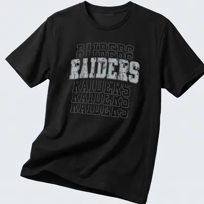 Vintage distressed Raiders t-shirt with bold lettering in gray, black, and white