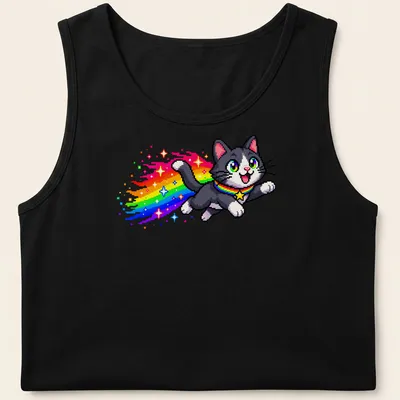 Retro pixel art of a gray and white cat running with rainbow sparkles — printed on a tank top