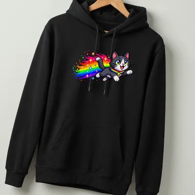 Retro pixel art of a gray and white cat running with rainbow sparkles — printed on a unisex hoodie