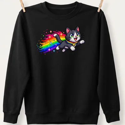 Retro pixel art of a gray and white cat running with rainbow sparkles — printed on a unisex sweatshirt