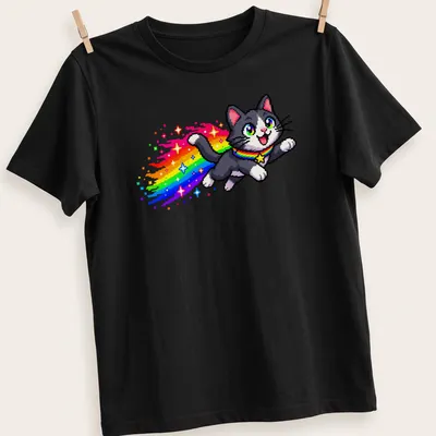 Retro pixel art of a gray and white cat running with rainbow sparkles