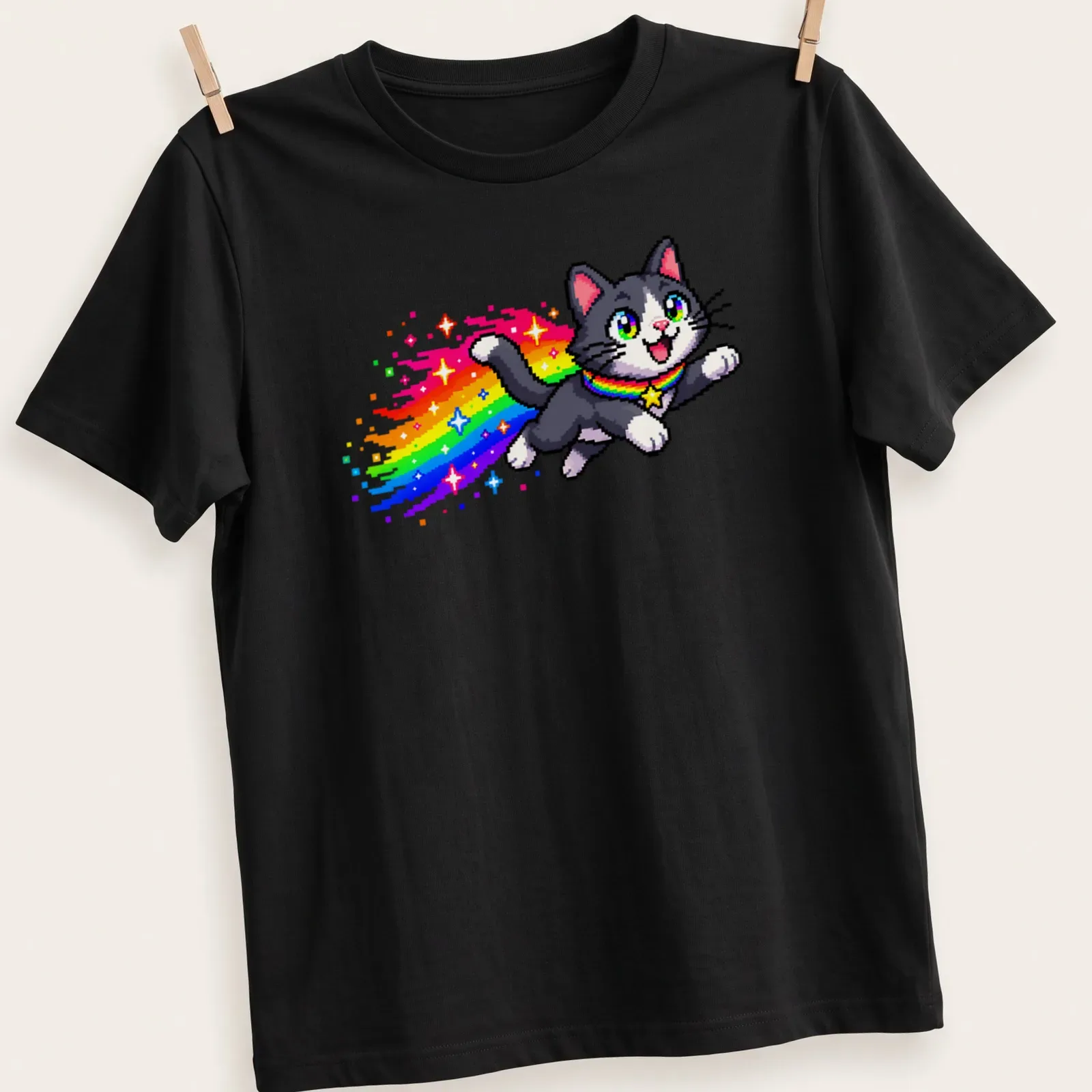 Retro pixel art of a gray and white cat running with rainbow sparkles — printed on a unisex t-shirt