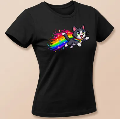 Retro pixel art of a gray and white cat running with rainbow sparkles — printed on a women's shirt