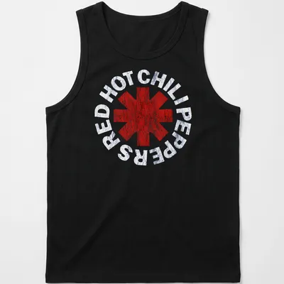Distressed Red Hot Chili Peppers band logo T-shirt with a red asterisk design — printed on a tank top