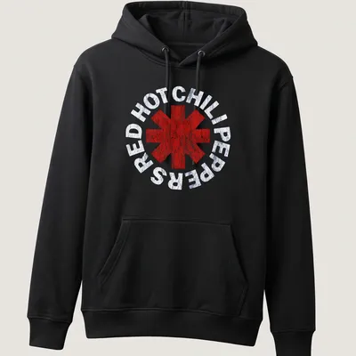 Distressed Red Hot Chili Peppers band logo T-shirt with a red asterisk design — printed on a unisex hoodie