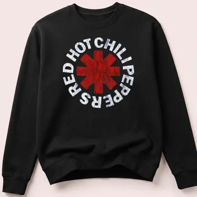 Distressed Red Hot Chili Peppers band logo T-shirt with a red asterisk design — printed on a unisex sweatshirt