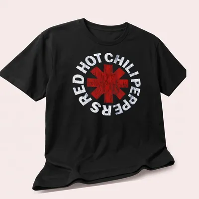 Distressed Red Hot Chili Peppers band logo T-shirt with a red asterisk design — printed on a unisex t-shirt (angled view)