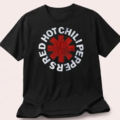 Distressed Red Hot Chili Peppers band logo T-shirt with a red asterisk design — printed on a unisex t-shirt