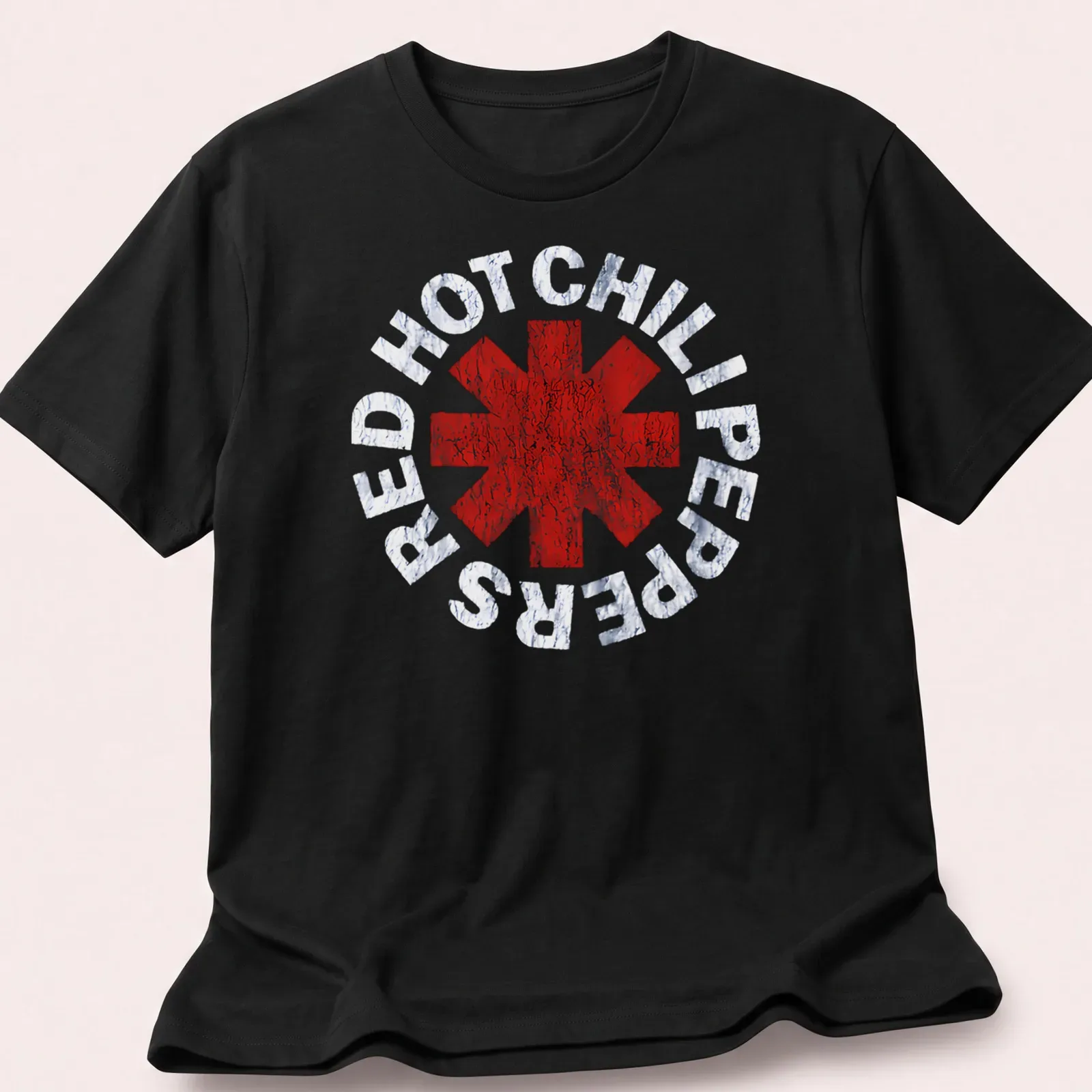 Distressed Red Hot Chili Peppers band logo T-shirt with a red asterisk design — printed on a unisex t-shirt