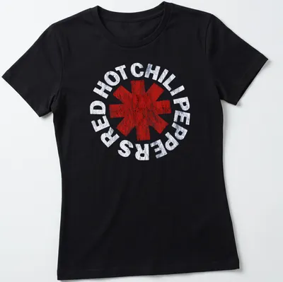 Distressed Red Hot Chili Peppers band logo T-shirt with a red asterisk design — printed on a women's shirt
