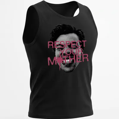 Edgy portrait tee with a smiling face and the text 'Respect Your Mother' in bold lettering — printed on a tank top