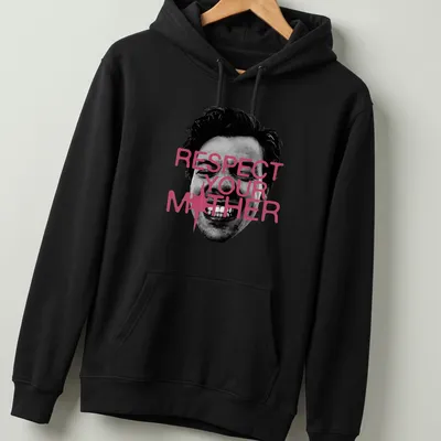 Edgy portrait tee with a smiling face and the text 'Respect Your Mother' in bold lettering — printed on a unisex hoodie