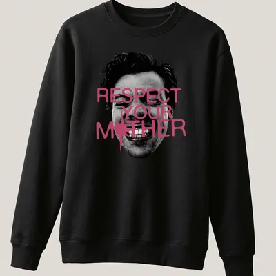 Edgy portrait tee with a smiling face and the text 'Respect Your Mother' in bold lettering — printed on a unisex sweatshirt