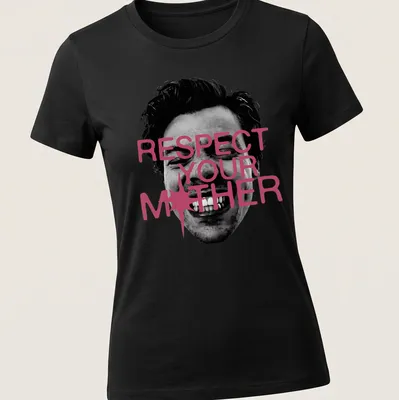 Edgy portrait tee with a smiling face and the text 'Respect Your Mother' in bold lettering — printed on a women's shirt