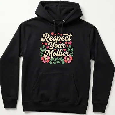 Retro script T-shirt with floral design and hearts, reading 'Respect Your Mother' — printed on a unisex hoodie