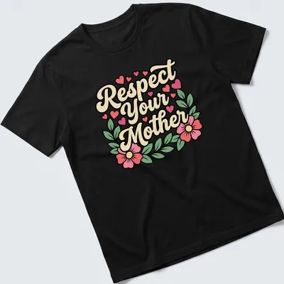 Retro script T-shirt with floral design and hearts, reading 'Respect Your Mother'