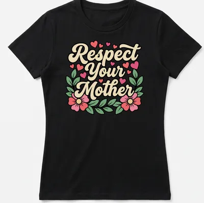 Retro script T-shirt with floral design and hearts, reading 'Respect Your Mother' — printed on a women's shirt