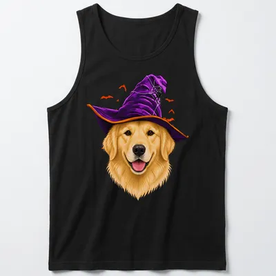Realistic illustration of a Golden Retriever wearing a witch hat in Halloween colors — printed on a tank top