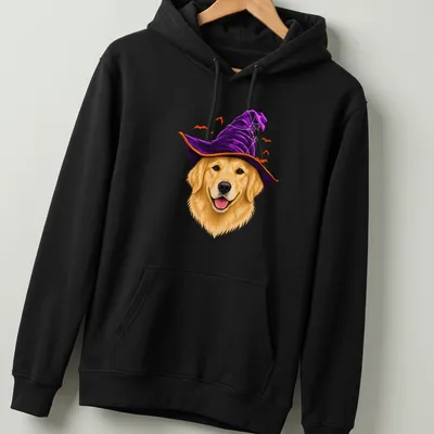 Realistic illustration of a Golden Retriever wearing a witch hat in Halloween colors — printed on a unisex hoodie