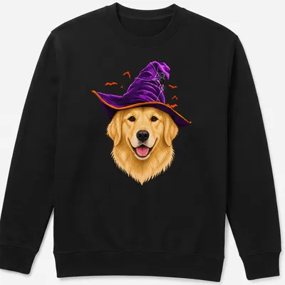 Realistic illustration of a Golden Retriever wearing a witch hat in Halloween colors — printed on a unisex sweatshirt