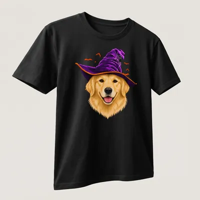 Realistic illustration of a Golden Retriever wearing a witch hat in Halloween colors — printed on a unisex t-shirt (angled view)