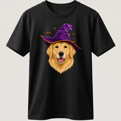 Realistic illustration of a Golden Retriever wearing a witch hat in Halloween colors — printed on a unisex t-shirt