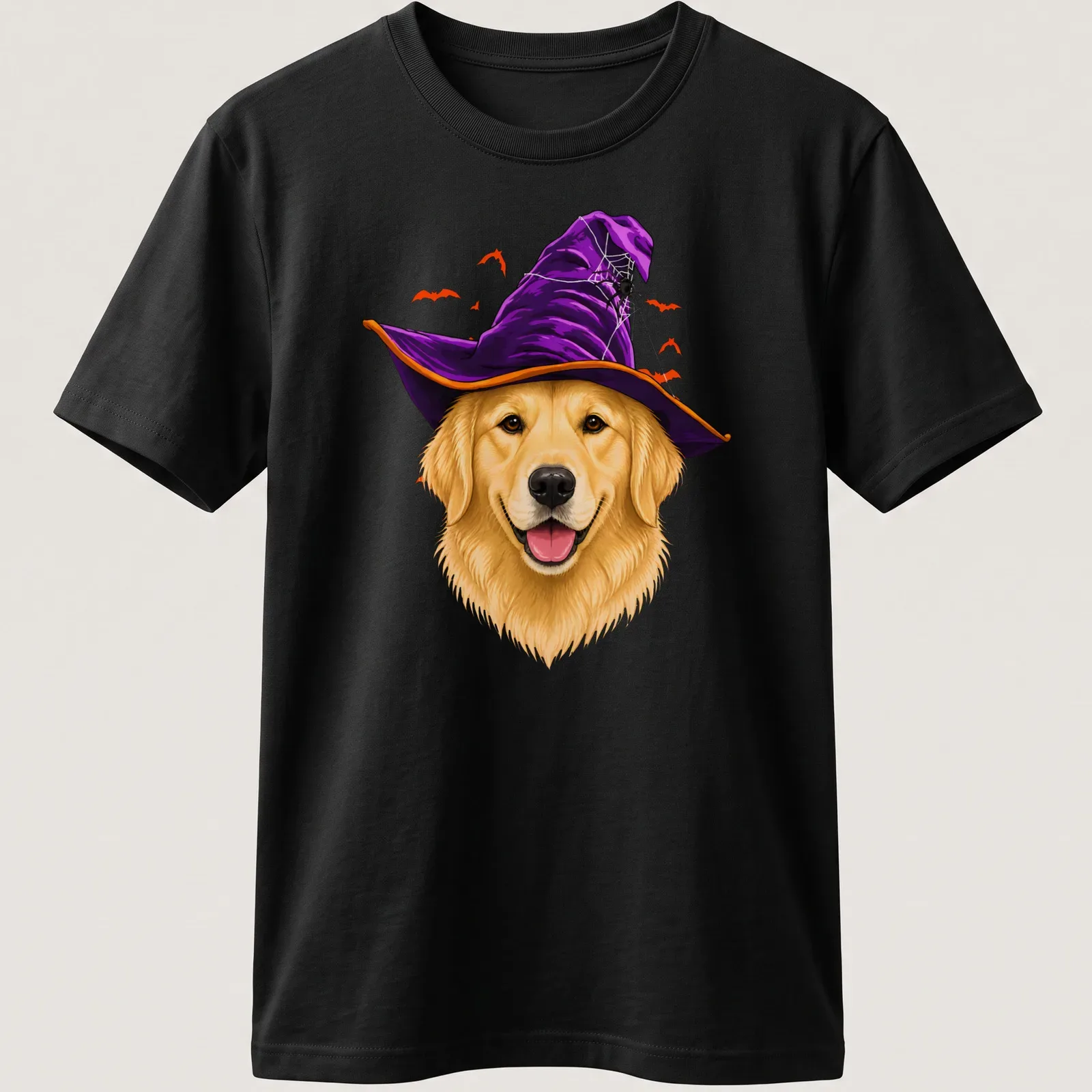 Realistic illustration of a Golden Retriever wearing a witch hat in Halloween colors — printed on a unisex t-shirt