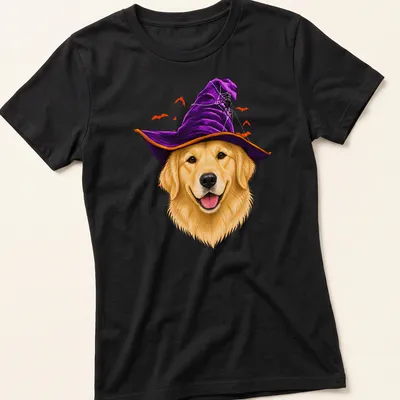 Realistic illustration of a Golden Retriever wearing a witch hat in Halloween colors — printed on a women's shirt