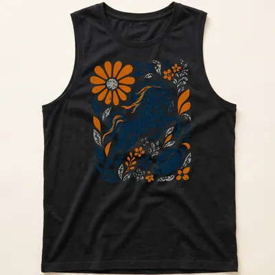 Retro distressed horse graphic with floral elements in vibrant colors — printed on a tank top