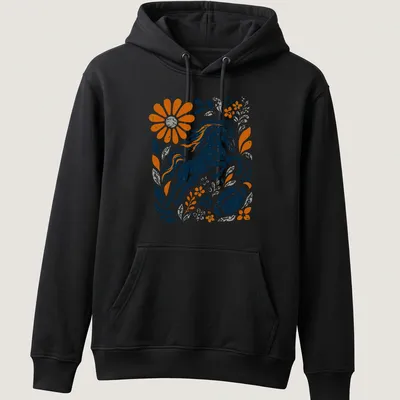 Retro distressed horse graphic with floral elements in vibrant colors — printed on a unisex hoodie