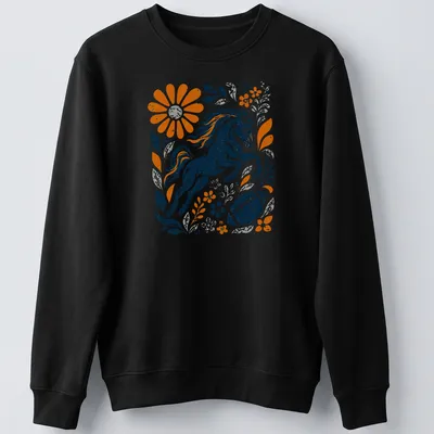 Retro distressed horse graphic with floral elements in vibrant colors — printed on a unisex sweatshirt