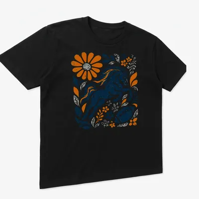 Retro distressed horse graphic with floral elements in vibrant colors — printed on a unisex t-shirt (angled view)