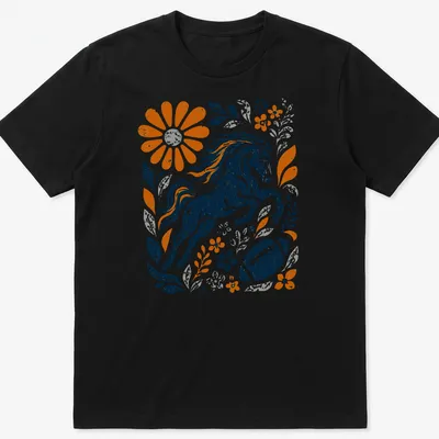Retro distressed horse graphic with floral elements in vibrant colors — printed on a unisex t-shirt