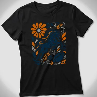 Retro distressed horse graphic with floral elements in vibrant colors — printed on a women's shirt