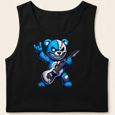 Cartoonish rock guitar bear with a wild smile in blue, black, and grey — printed on a tank top