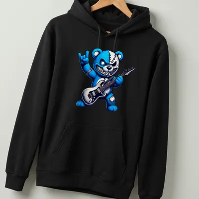 Cartoonish rock guitar bear with a wild smile in blue, black, and grey — printed on a unisex hoodie