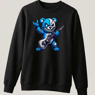Cartoonish rock guitar bear with a wild smile in blue, black, and grey — printed on a unisex sweatshirt