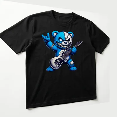 Cartoonish rock guitar bear with a wild smile in blue, black, and grey — printed on a unisex t-shirt (angled view)