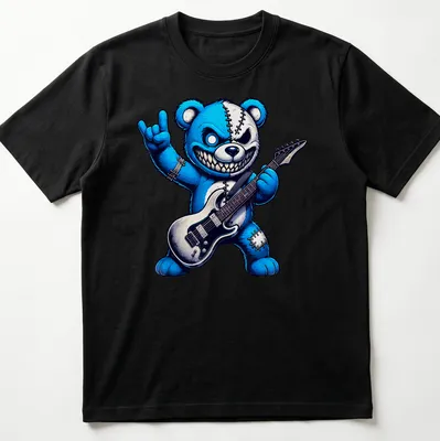 Cartoonish rock guitar bear with a wild smile in blue, black, and grey