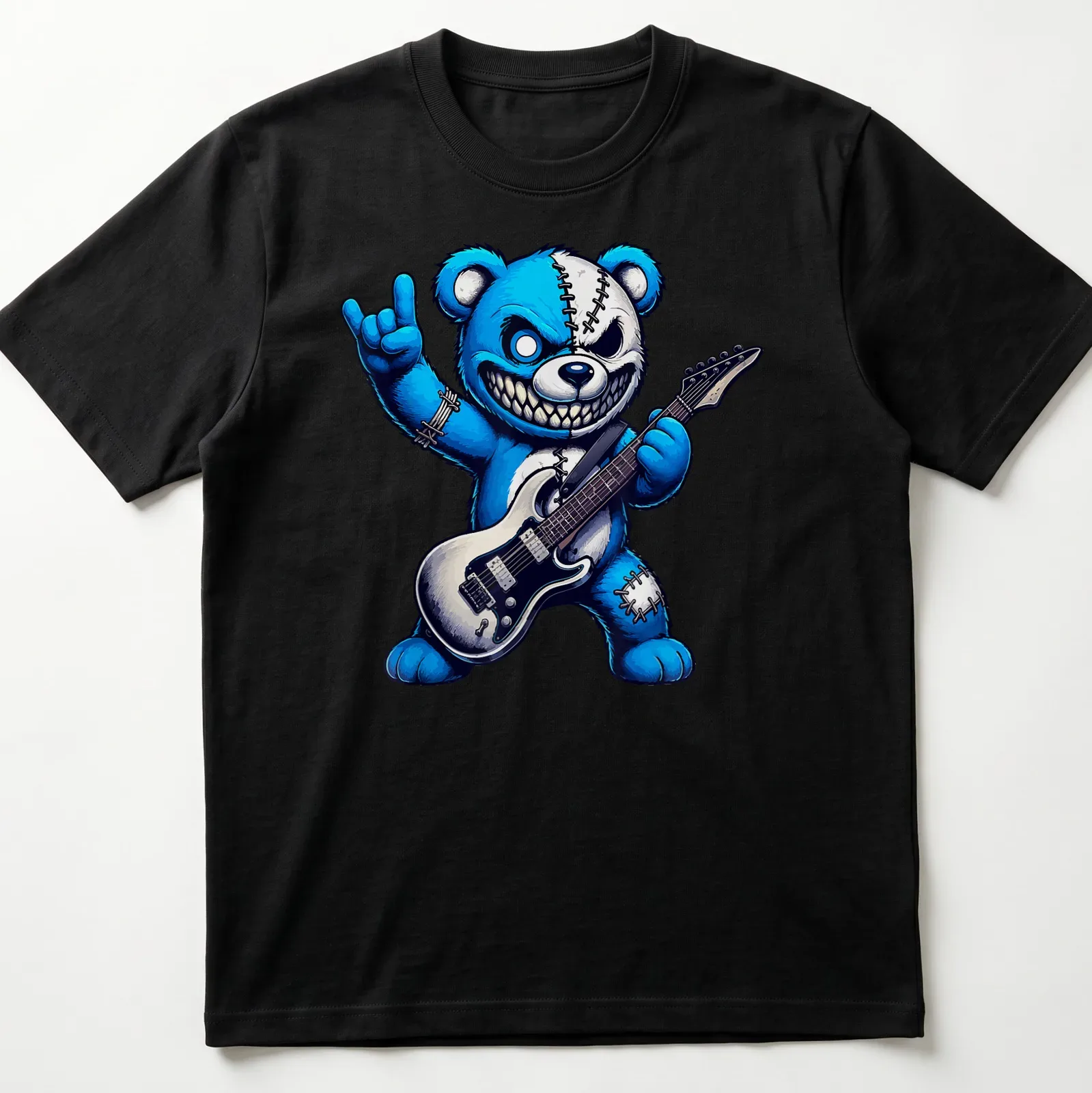 Cartoonish rock guitar bear with a wild smile in blue, black, and grey — printed on a unisex t-shirt